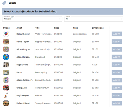 Artwork Labels — Gallery View CRM demo