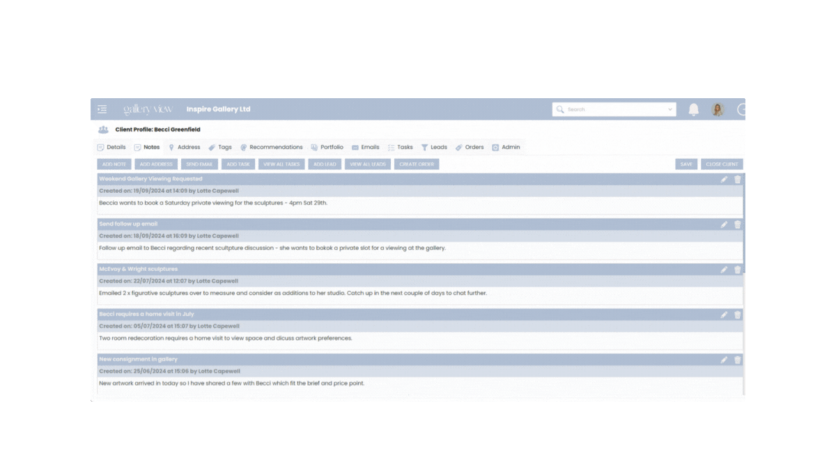 From First Impression to Lasting Connection — Gallery View CRM screenshot